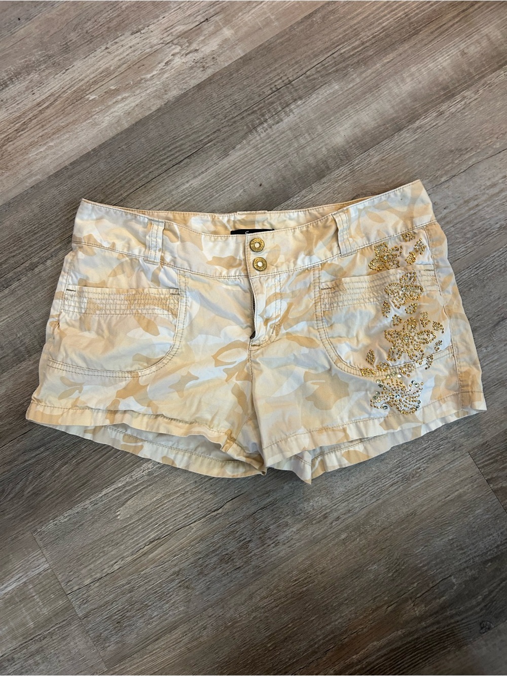 Express Cream and Tan Camo Jean Shorts with Sequin Floral Accent